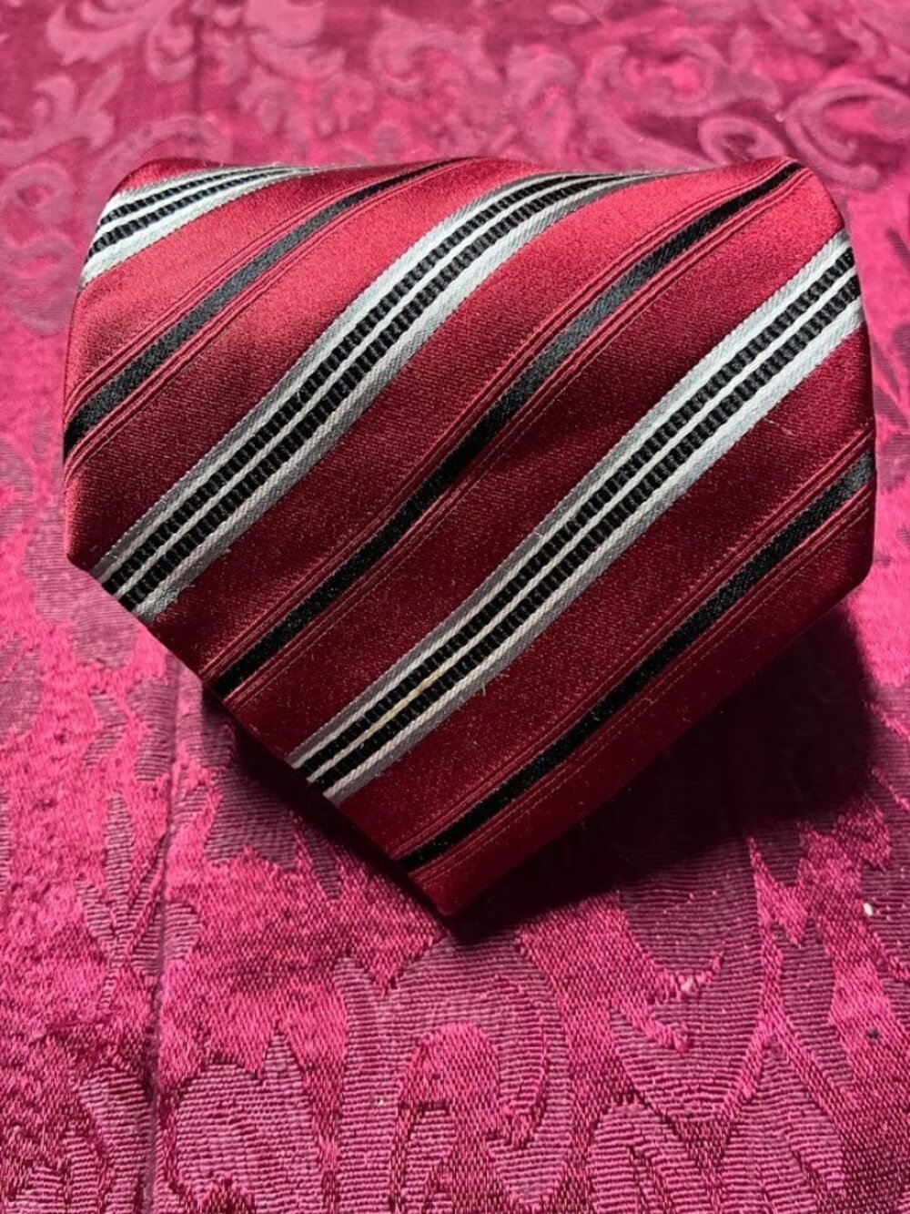 GEOFFREY BEENE Burgundy, Black, and White Diagonal Stripe Tie